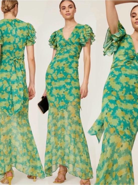 De La Vali Dresses & Skirts - De La Vali 
Palmera Green Floral V-Neck Ruffle-Sleeve Maxi Dress size US 6.